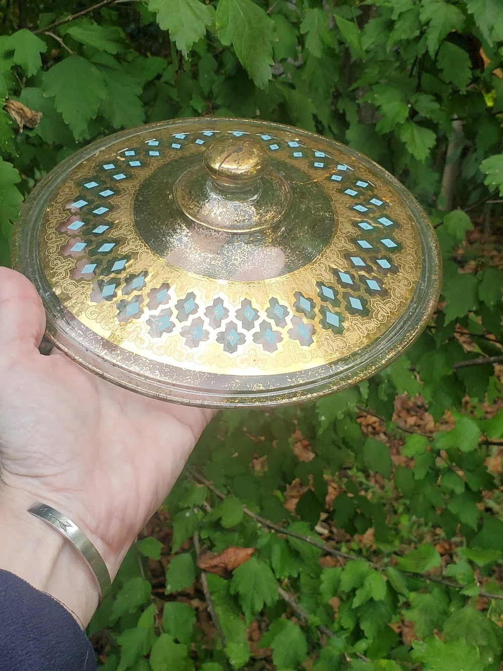 Vintage Fire King Georges Briard Gold & Teal Decorative Glass Casserole Dish MCM
